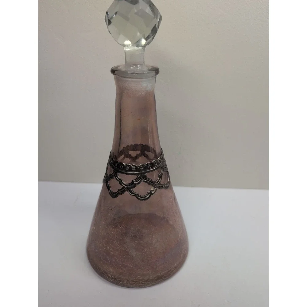Vintage Decanter‎ Pink Crackle Glass w/ Detailed Silver Overlay  11 In